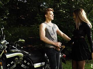 Biker Fucks Girlfriend On Motorcycle Outdoors