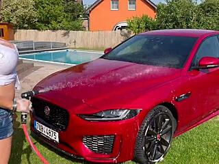 Curvy blonde milf teases with wet car wash