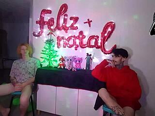 Christmas goddess dominates cuckold with two massive cocks