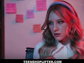 Skinny blonde teen reporter watches and masturbates to petite ebony shoplifter's sex tape with mall cop