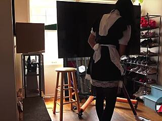 french maid feels excited while vacuuming the house