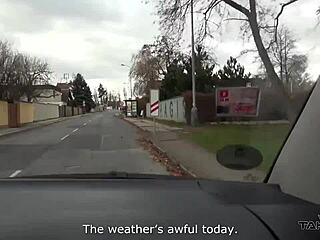 Freezing blond secretary with awesome body and tits convinced to fuck stranger in taxi 😏