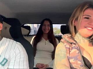 Uber driver fucks 18-year-old silicone passenger and husband in São Paulo car wet pussy