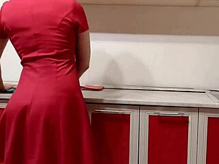 Detailed jerk-off instructions from housewife in kitchen, teasing with striped panties, smelly socks, washing feet in sink, showing wet pussy upskirt.