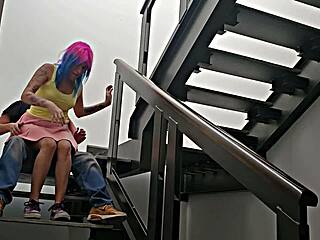 Latina neighbor quickie on stairs almost caught