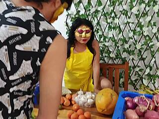 Latina vendor bends over for doggystyle sex at workplace after no change payment