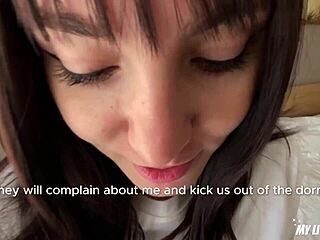 Dorm rules say quiet, but I'll moan loud during our fuck – cum in mouth.