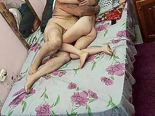 young muscular bodybuilder girl with hairy armpits in lingerie gets pussy eaten by old man