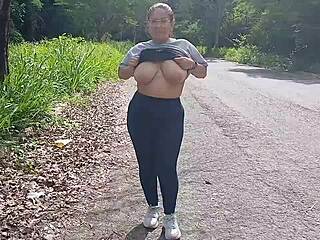 Big Boob Latina Flashes Tits and Ass Outdoors