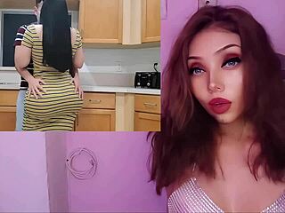 Hot stepmom says, 'Come here, perverted stepson, let's fuck in the kitchen'