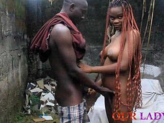 The lucky security man totally fucked the skinny big tit ebony cook hardcore in the backyard