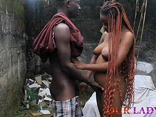 The lucky security man totally fucked the skinny big tit ebony cook hardcore in the backyard