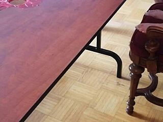 she stomps cum out of his huge cock on the desk