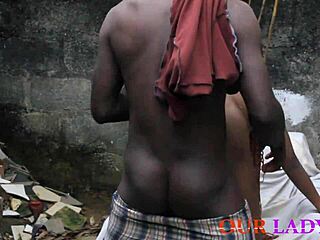 The lucky security man totally fucked the skinny big tit ebony cook hardcore in the backyard