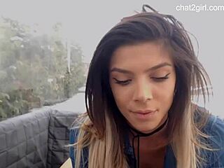 Feeling aroused, young hot girl with big tits has fun on outdoor webcam