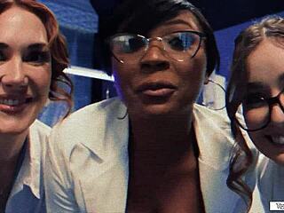 Three shemale sexdolls lick and fuck a busty milf scientist