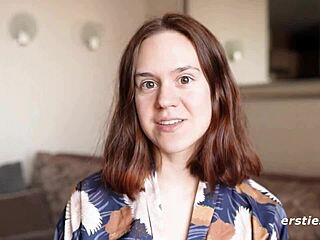 Anca engages in a detailed dildo session, bending over and masturbating her shaved pussy