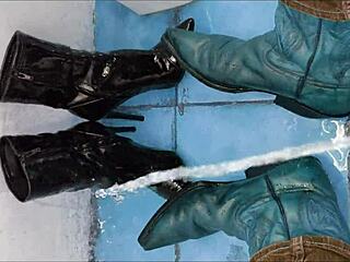 The woman pees on her ankle boots while walking outside in the story