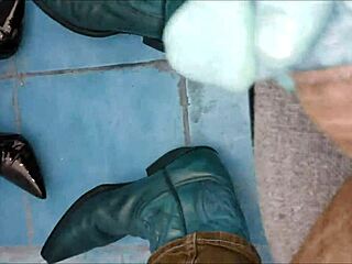 The woman pees on her ankle boots while walking outside in the story