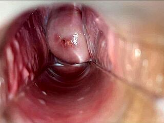 אישה חרמנית חווה אורגזמה פועמת בתוך הכוס עם ספקולום