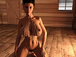 Hot milf with big tits gives titjob and gets cum on tits in game