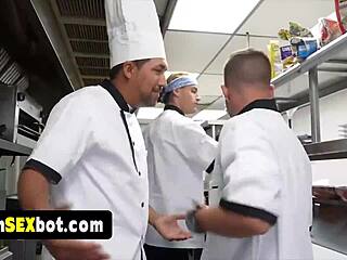 Cute Teen Waitress Gangbanged Doggystyle by Staff on Reality Cam