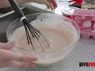 three hot 18 year old teens bake in kitchen then shake asses riding master's big cock