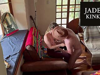 beautiful submissive girlfriend bound on sofa takes forceful creampie from dominant friend while husband watches