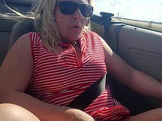 Squirting blonde fucks dildo hard in highway convertible 🚗💦