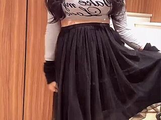 that busty crossdressing ladyboy quietly strokes her cock in solo play