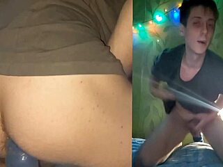 hands-free twink floods sofa riding webcam big cock