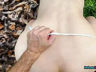 mature russian couple bangs wildly bent over in forest