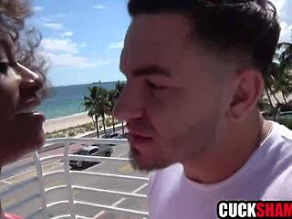 Ebony wife bangs white guy hard outdoors filming cuckold hubby reality