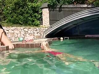 whoa! pretty blonde and busty brunette babes fuck wildly outdoors in pool