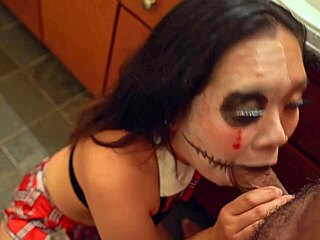 asian in halloween cosplay slurps big cock then rides hard for massive facial cumshot
