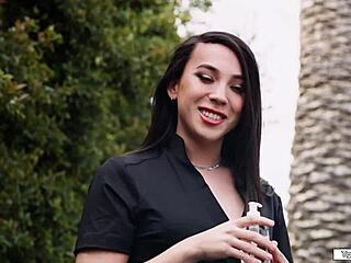 Shemale Cock Sucking Turns into Footjob Lick and Pussy Play with Petite Tgirl