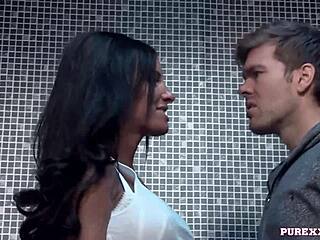 hot brunette milf drops to knees in toilet for deep blowjob and cumshot