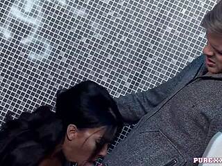 hot brunette milf drops to knees in toilet for deep blowjob and cumshot