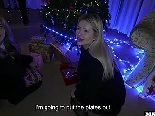 Two Blonde Christmas Moms Get Anal Fucked Under Tree Then DP on Piano