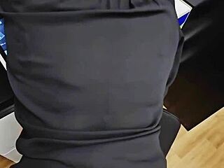 french mature in lingerie seduced and kissed by fan at office desk