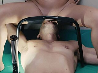 shaved mature lesbian rides face to orgasm while licking pussy close-up on chair