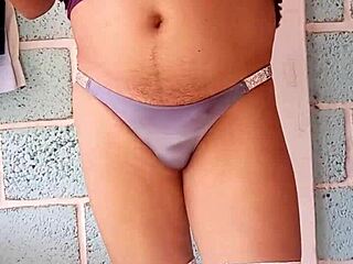 Wearing Lover's Shiny Blue Panties Over Dripping Wet Cunt