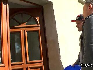 busty blonde cougar takes on two guys in steamy european group encounter