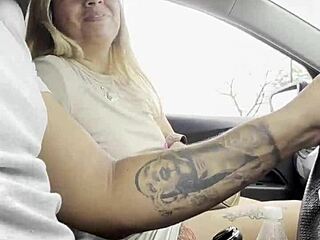 curvy blonde climbs into stranger's car for wet blowjob and facial cum swallow on street