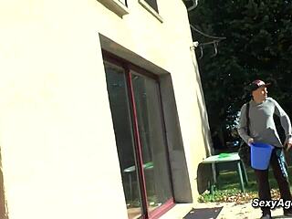 busty blonde cougar takes on two guys in steamy european group encounter