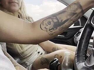 curvy blonde climbs into stranger's car for wet blowjob and facial cum swallow on street