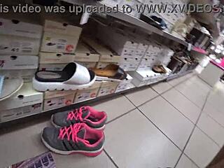 Hey, check out that gorgeous russian ass under her skirt and nylon legs in the shoe store.