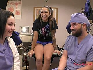 Nurse Lenna Lux spreads Stefania Mafra's pussy with speculum... while Doctor Tampa watches her first gyno exam?
