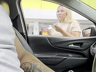 curvy blonde climbs into stranger's car for wet blowjob and facial cum swallow on street