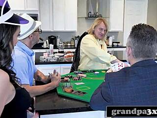 whoa three old pervs rim and fuck busty young teen after cards get nasty 😈